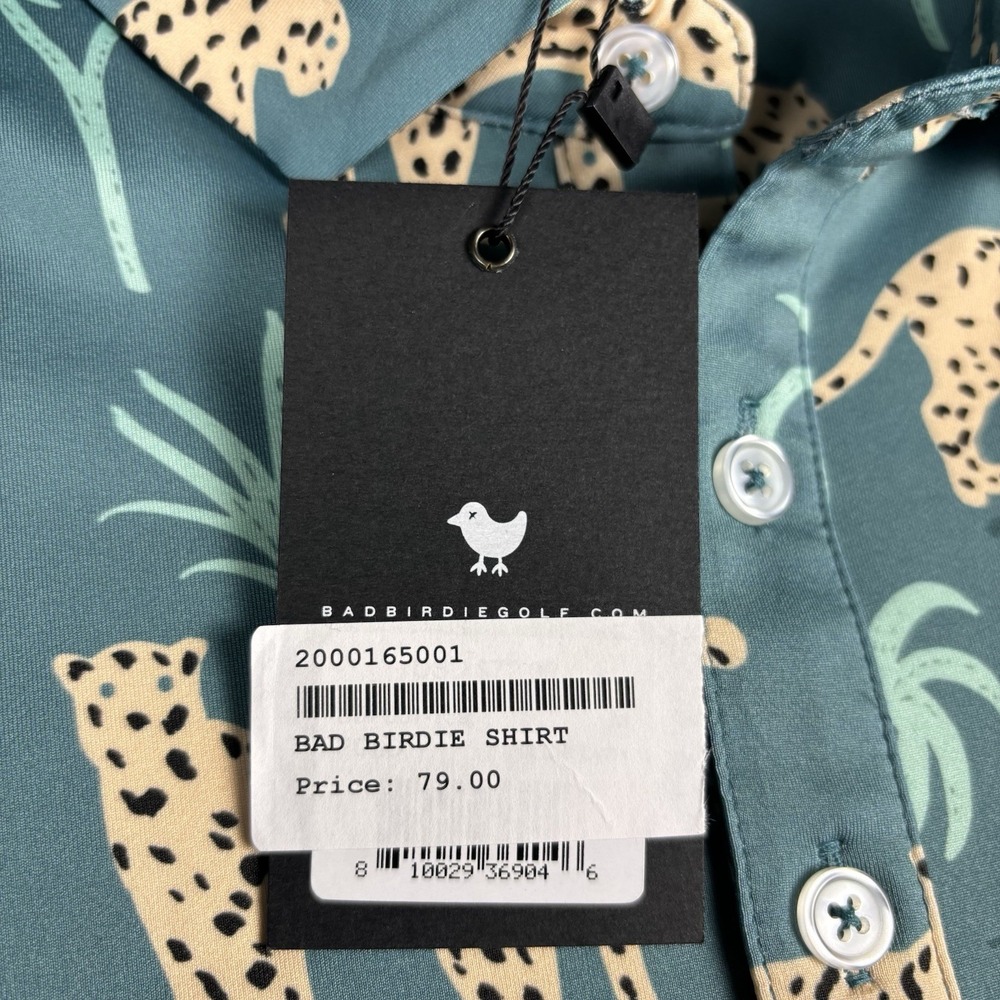 Bad Birdie Polo Shirt Mens Medium Leopard Cheetah Print Golf Stretch Green NWT - Picture 3 of 12
